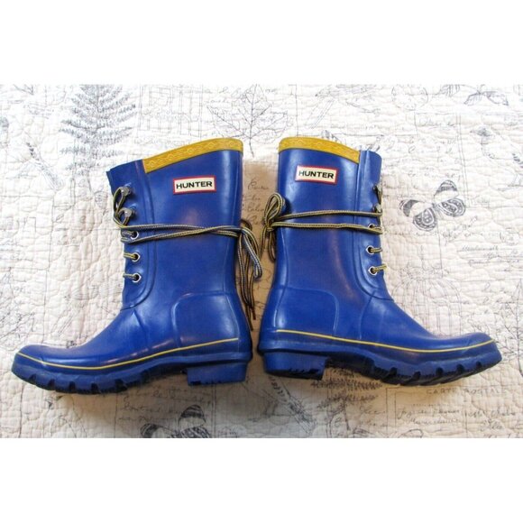 Hunter Festival Lace Up Mid Calf Wellington Rain Boots Blue Yellow Stripes  5 - Picture 1 of 6